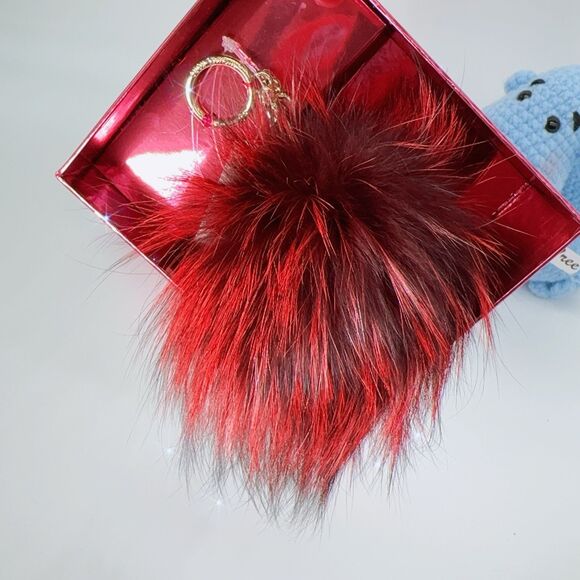 Michael Kors Large Fox Fur Pom Poms In Cherry Red Gold Hardware Keychain Box - Picture 6 of 8
